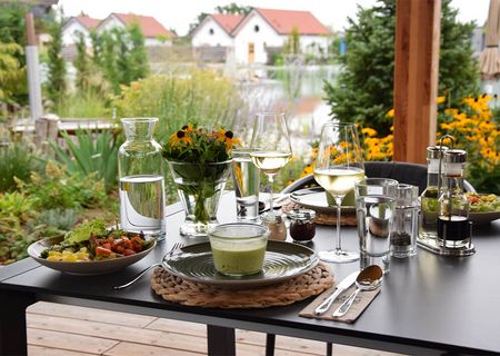 Ein Tisch mit Gläsern, Tellern und Wasserkrug steht auf einer Terrasse mit Blick auf den Gartensee und die Chalets.