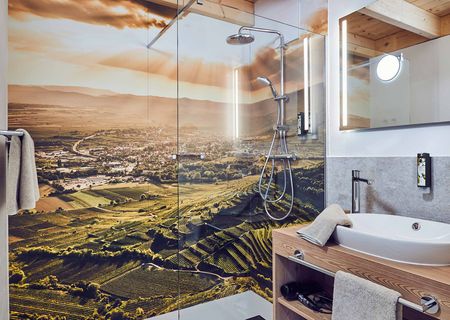 Badezimmer im Winzerstöckl. Die Duschrückwand zeigt ein Foto von Weinbergen.